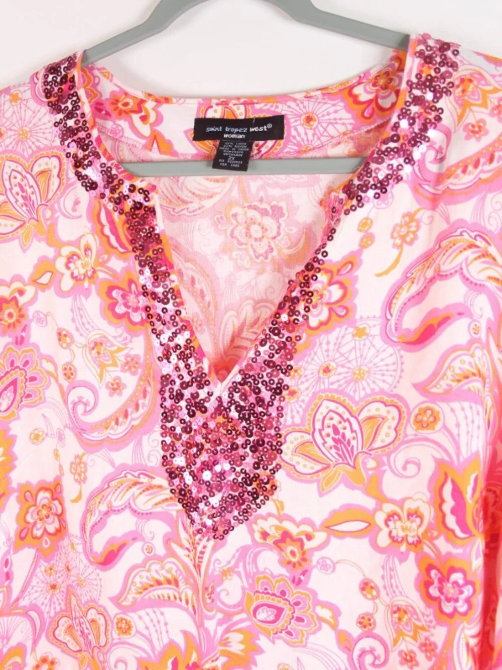 Saint Tropez West Women’s 2X Pink Paisley Linen Rayon Sequin Tunic Top Boho - Picture 3 of 8